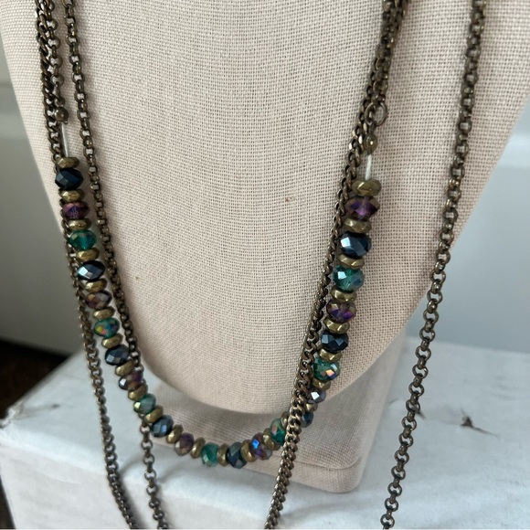 Bronze chain multilayer oil slick borealis beaded shiny crystal necklace - Picture 5 of 7